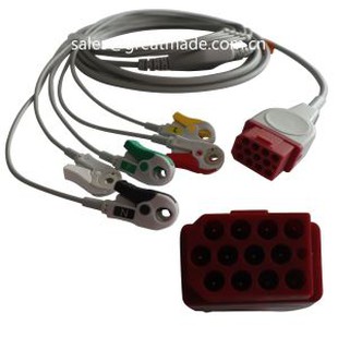 Kompatibel Bionet BM3 BM5 ett stykke EKG-kabel med kabler, AHA, 5-leder, snap, rød 12pin